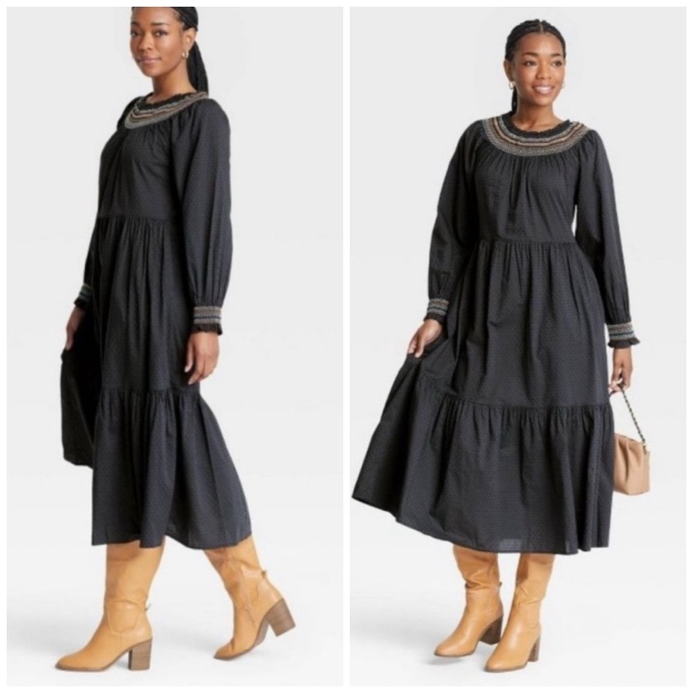 Universal Thread Black Tiered Maxi Dress with Contrasting Embroidered Yoke
